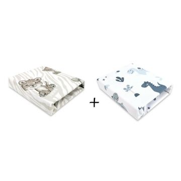 MimiNu - Set 2 cearceafuri cu elastic pentru patut leagan sau patut co-sleeper, 90x40 cm, Din bumbac, Material certificat Oeko Tex Standard 100, Dino Granat and Safari Beige
