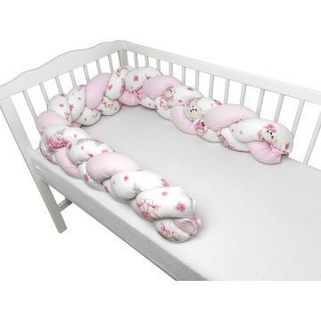 Protectie laterala, MimiNu, Pentru patut bebe, Tip Bumper impletit, Din bumbac, Din materiale certificate Oeko Tex Standard 100, Lungime 220 cm, Pink Ballerina