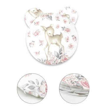 MimiNu - Perna ergonomica Ursulet, Cu doua urechi, Cu husa detasabila cu fermoar, Materiale certificate Oeko Tex Standard 100, Pentru patut, carucior, scoica/scaun auto, Sweet Deer Pink