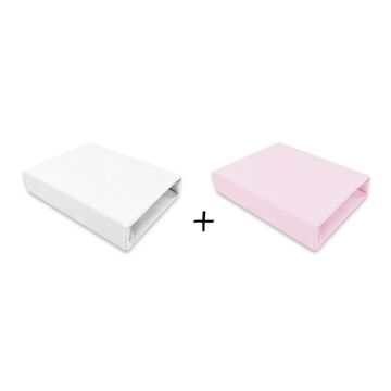 Set 2 cearceafuri cu elastic pentru patut 90x50 cm din bumbac Qmini white and pink