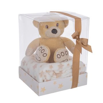 Set cadou pentru copii patura 90x75 cm + jucarie urs 20 cm, Box Star W-Bear, Bizzotto, plus/poliester, bej/alb