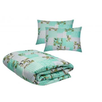 Set pilota primavara/vara si 2 perne Viseo Green Flowers SomnART, microfibra, 150 g/mp, 180x200 cm + 50x70 cm