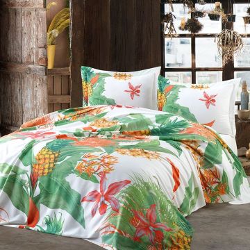 Lenjerie de pat 3D + Cuvertura 240x260xm, 100% Bumbac Satinat, 4 Piese, Model Floral, Alb/Verde, PIKE1003 Lenjerie de pat 3D + Cuvertura 240x260xm, 100% Bumbac Satinat, 4 Piese, Model Floral, Alb/Verde, PIKE1003