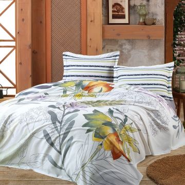 Lenjerie de pat 3D + Cuvertura 240x260xm, 100% Bumbac Satinat, 4 Piese, Model Floral, PIKE1004 Lenjerie de pat 3D + Cuvertura 240x260xm, 100% Bumbac Satinat, 4 Piese, Model Floral, PIKE1004