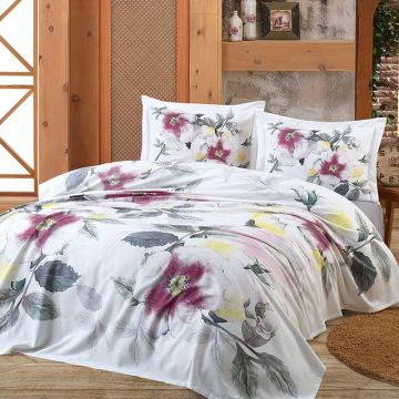 Lenjerie de pat 3D + Cuvertura 240x260xm, 100% Bumbac Satinat, 4 Piese, Model Floral, PIKE1005 Lenjerie de pat 3D + Cuvertura 240x260xm, 100% Bumbac Satinat, 4 Piese, Model Floral, PIKE1005