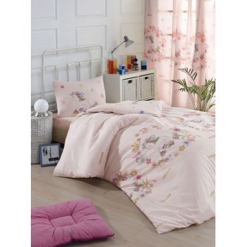 Lenjerie de pat pentru o persoana, Unicornlar - Pink, Eponj Home, 65% bumbac/35% poliester