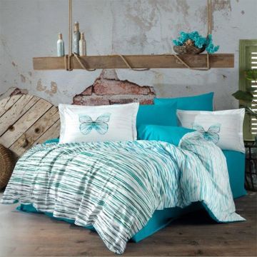 Lenjerie de pat Premium, Bumbac Poplin, Pat Dublu, Hobby Home, Dungi, Alb/Turcoaz, H102
