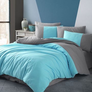 Lenjerie de pat Premium, Bumbac Poplin, Pat Dublu, Hobby Home, Imprimeu Modern, Gri/Turcoaz, HOD1002