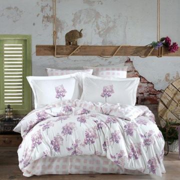 Lenjerie de pat Premium, Bumbac Poplin, Pat Dublu, Hobby Home, Stil Floral, Alb/Lila, H1049