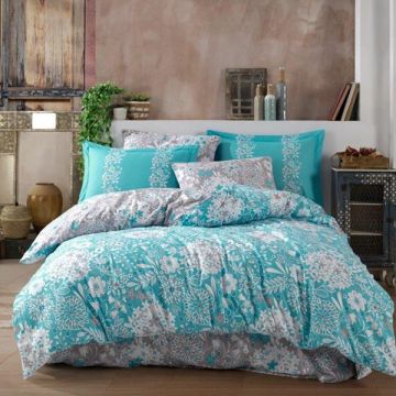 Lenjerie de pat Premium, Bumbac Poplin, Pat Dublu, Hobby Home, Stil Floral, Alb/Turcoaz, H1010