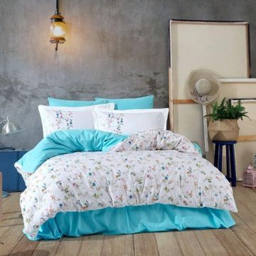 Lenjerie de pat Premium, Bumbac Poplin, Pat Dublu, Hobby Home, Stil Floral, Alb/Turcoaz, H1015