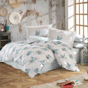 Lenjerie de pat Premium, Bumbac Poplin, Pat Dublu, Hobby Home, Stil Floral, Alb/Turcoaz, H1026