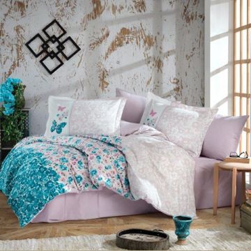 Lenjerie de pat Premium, Bumbac Poplin, Pat Dublu, Hobby Home, Stil Floral, Gri/Turcoaz, H1025