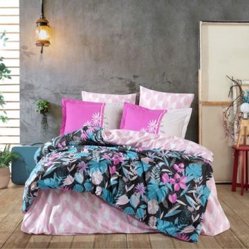 Lenjerie de pat Premium, Bumbac Poplin, Pat Dublu, Hobby Home, Stil Floral, Roz/Turcoaz, H1014