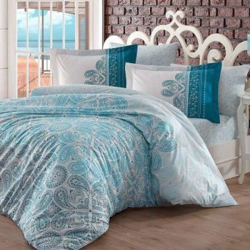 Lenjerie de pat Premium, Bumbac Poplin, Pat Dublu, Hobby Home, Tema Moderna, Alb/Turcoaz, H1037