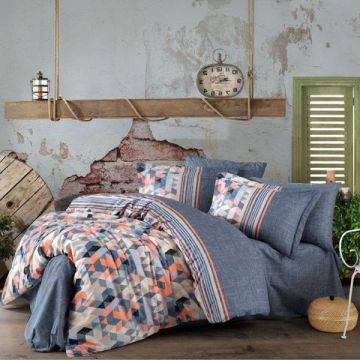 Lenjerie de pat Premium, Bumbac Poplin, Pat Dublu, Hobby Home, Tema Moderna, Gri/Portocaliu, H1035