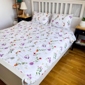 Lenjerie pat dublu, 100% Bumbac, 4 Piese, Tesatura Ranforce, Imprimeu Floral, Alb, RAM100