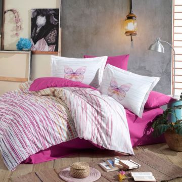 Lenjerie pat dublu, 100% Bumbac Natural, Tesatura Poplin, Alb/Fuchsia, H1099