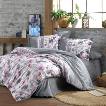 Lenjerie pat dublu, 100% Bumbac Natural, Tesatura Poplin, Gri/Lila, H1097
