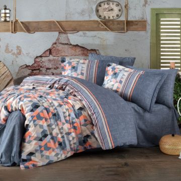 Lenjerie pat dublu, 100% Bumbac Natural, Tesatura Poplin, Gri/Portocaliu, H1096
