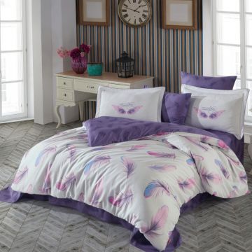 Lenjerie pat dublu, 100% Bumbac Satinat 200TC, 200x220cm, Alb/Mov, HS5012