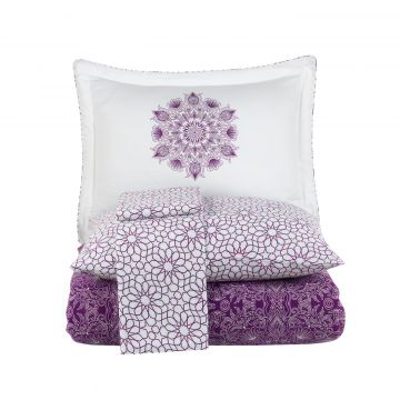 Lenjerie pat dublu, 100% Bumbac Satinat 200TC, 200x220cm, Alb/Mov, HS5013