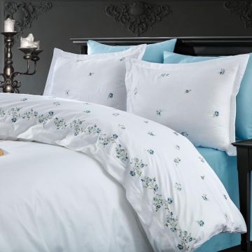 Lenjerie pat dublu cu broderie, 100% Bumbac Satinat 200TC, 200x220cm, Alb/Turcoaz, DAB2015