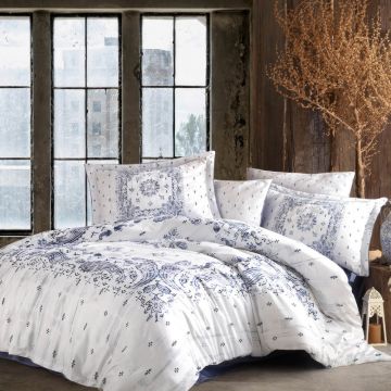 Lenjerie pentru pat dublu, 100% Bumbac Satinat 200TC, 200x220cm, Alb/Albastru, DV9059
