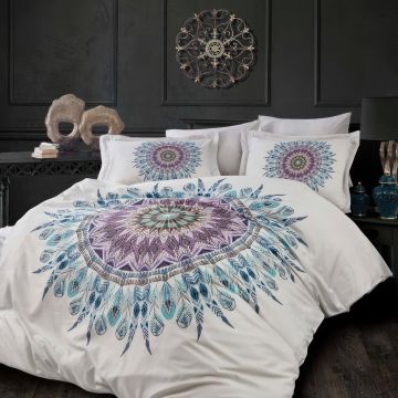 Lenjerie pentru pat dublu, 100% Bumbac Satinat 200TC, 200x220cm, Crem/Turcoaz, DV9046
