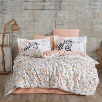 Lenjerie pentru pat dublu, bumbac poplin natural, 4 piese, 200x220cm, cream/somon, H1107