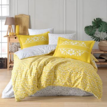 Lenjerie pentru pat dublu, bumbac poplin natural, 4 piese, 200x220cm, galben, H1114 Lenjerie pentru pat dublu, bumbac poplin natural, 4 piese, 200x220cm, galben, H1114