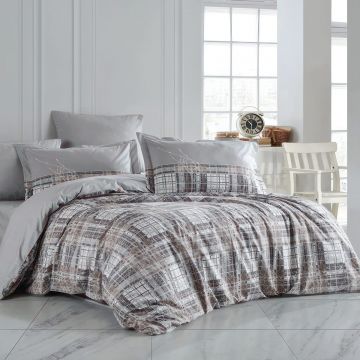 Lenjerie pentru pat dublu, bumbac poplin natural, 4 piese, 200x220cm, gri, carouri, H1110