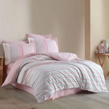 Lenjerie pentru pat dublu, bumbac poplin natural, 4 piese, 200x220cm, roz, H1116 Lenjerie pentru pat dublu, bumbac poplin natural, 4 piese, 200x220cm, roz, H1116