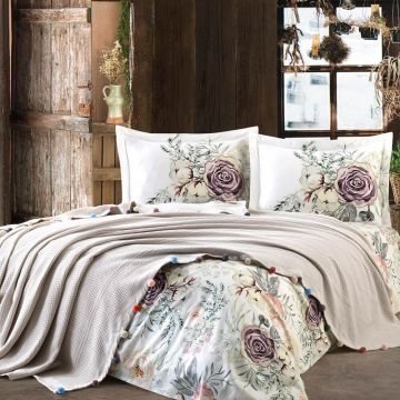 Pled Jacquard 240 x 260cm, Cearsaf de pat si 2 fete de perna 50×70cm, Bumbac Satinat 200TC, Crem, PIKE2004 Pled Jacquard 240 x 260cm, Cearsaf de pat si 2 fete de perna 50×70cm, Bumbac Satinat 200TC, Crem, PIKE2004