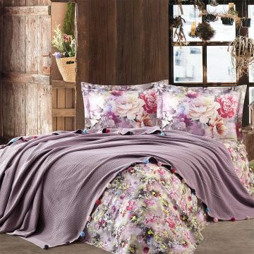 Pled Jacquard 240 x 260cm, Cearsaf de pat si 2 fete de perna 50x70, Bumbac Satinat 200TC, Lila, PIKE2002 Pled Jacquard 240 x 260cm, Cearsaf de pat si 2 fete de perna 50x70, Bumbac Satinat 200TC, Lila, PIKE2002