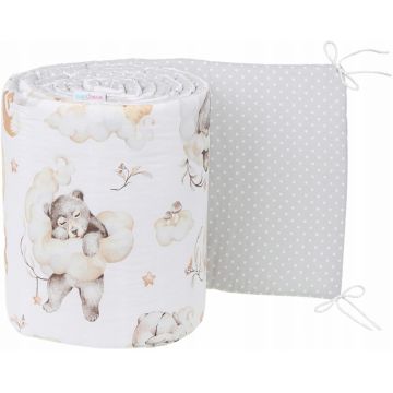 Aparatoare laterala pentru patut copii BabyMam reversibila, dimensiune 180 x 30 cm, model Sleepy Bears Grey