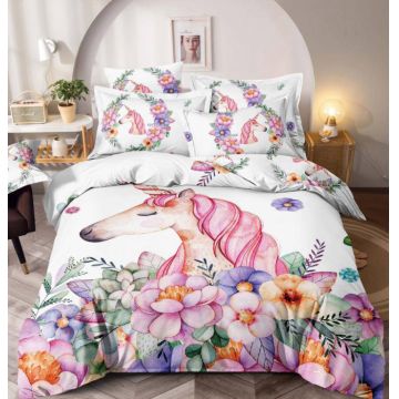 Lenjerie de Pat Finet 3D cu 2 Fete, 6 Piese, Pat 2 Persoane, Flower Unicorn