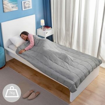 Patura cu greutati pentru o persoana Sweikett, InnovaGoods, 7 kg, 120 x 180 cm, poliester/perle de sticla, gri