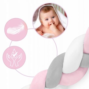 Protectie laterala impletita pentru patut copii Ricokids Trio RozGriAlb 2 metri din material plus cu umplutura antialergica,multifunctionala,lavabila