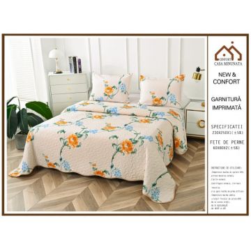 Cuvertura 3 Piese Din Bumbac Matlasat Cu Doua Fete, Orangee Blue Flowers