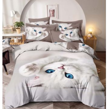 Lenjerie de Pat cu Elastic, Imprimeu 3D, 4 Piese, Bumbac Finet, pentru pat 1 Persoana, Blue Eyes Cat