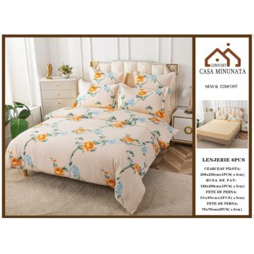 Lenjerie de pat din Bumbac Finet, Cearceaf cu Elastic - Blue Orange Flowers
