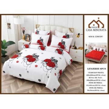 Lenjerie de pat din Bumbac Finet, Cearceaf cu Elastic - Trandafiri Rosii
