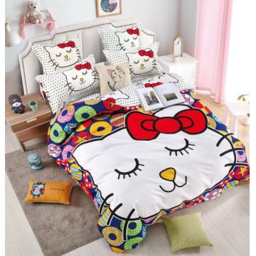 Lenjerie de Pat Finet 3D cu 2 Fete, 6 Piese, Pat 2 Persoane, Hello Kitty