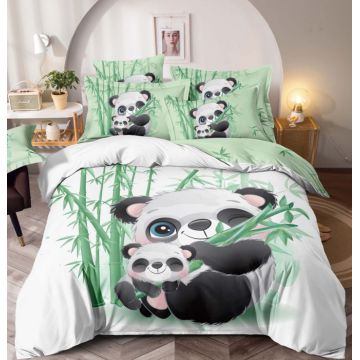 Lenjerie de Pat Finet 3D cu 2 Fete, 6 Piese, Pat 2 Persoane, Panda