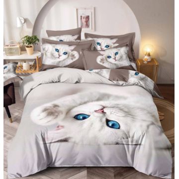 Lenjerie de Pat Finet 3D cu 2 Fete, 6 Piese, Pat 2 Persoane, White Cat