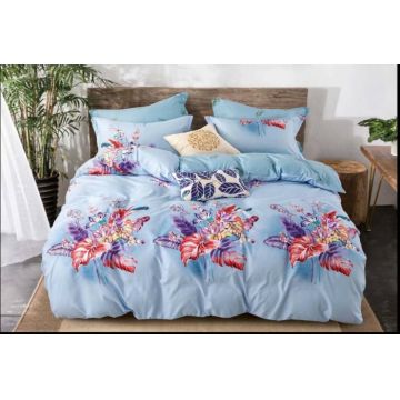 Lenjerie Din Bumbac Tip Finet 6 Piese Pentru Pat Dublu, Blue Bouquet