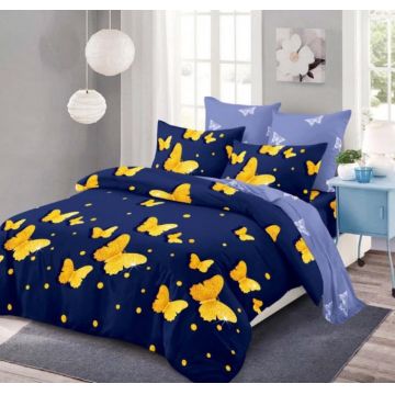 Lenjerie Din Bumbac Tip Finet 6 Piese Pentru Pat Dublu, Blue Purple Butterflies