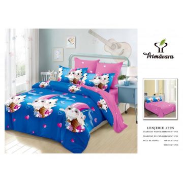 Lenjerie Din Bumbac Tip Finet 6 Piese Pentru Pat Dublu, BluePink With Cats