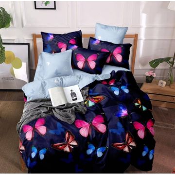 Lenjerie Din Bumbac Tip Finet 6 Piese Pentru Pat Dublu, - Colored Butterflies